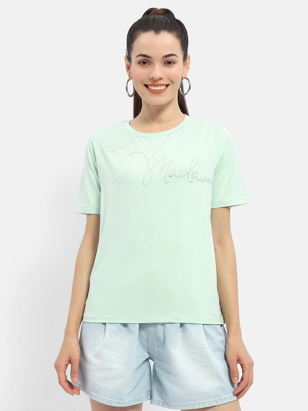 Simple Chic Outdoor Sports Madame Embellished Typography Mint Regular T-Shirt