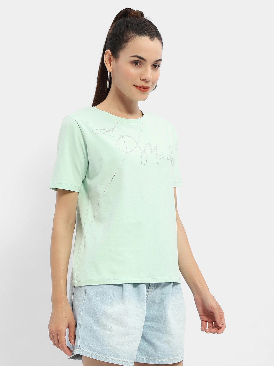 Madame Embellished Typography Mint Regular T-Shirt Breathable Waist