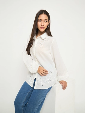 Holiday Travel Asymmetrical Cut Madame Embroidered and Ruffle Trim Detailed White Cotton Shirt