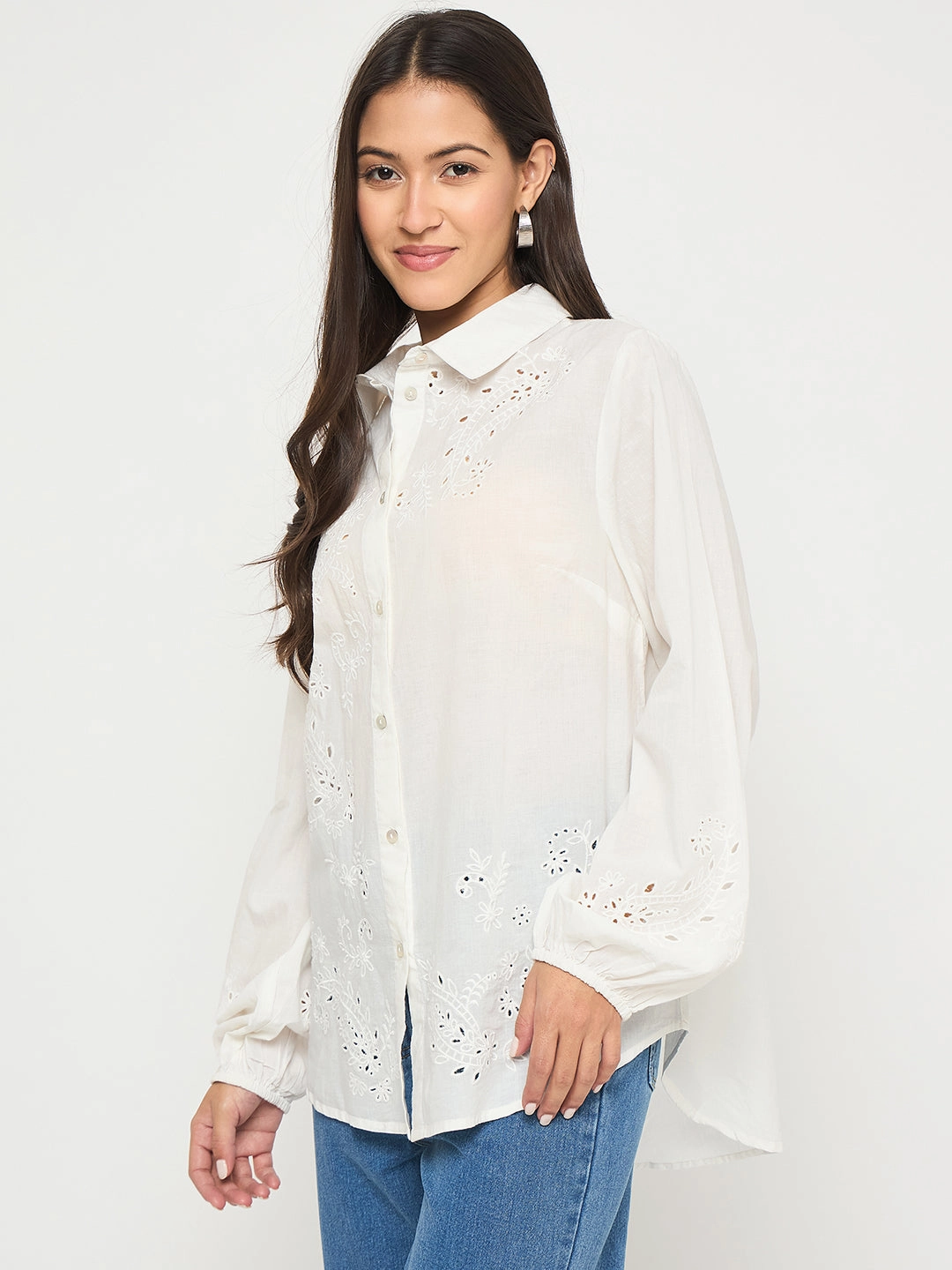 Madame Embroidered and Ruffle Trim Detailed White Cotton Shirt Vibrant color Non Chafe Seams