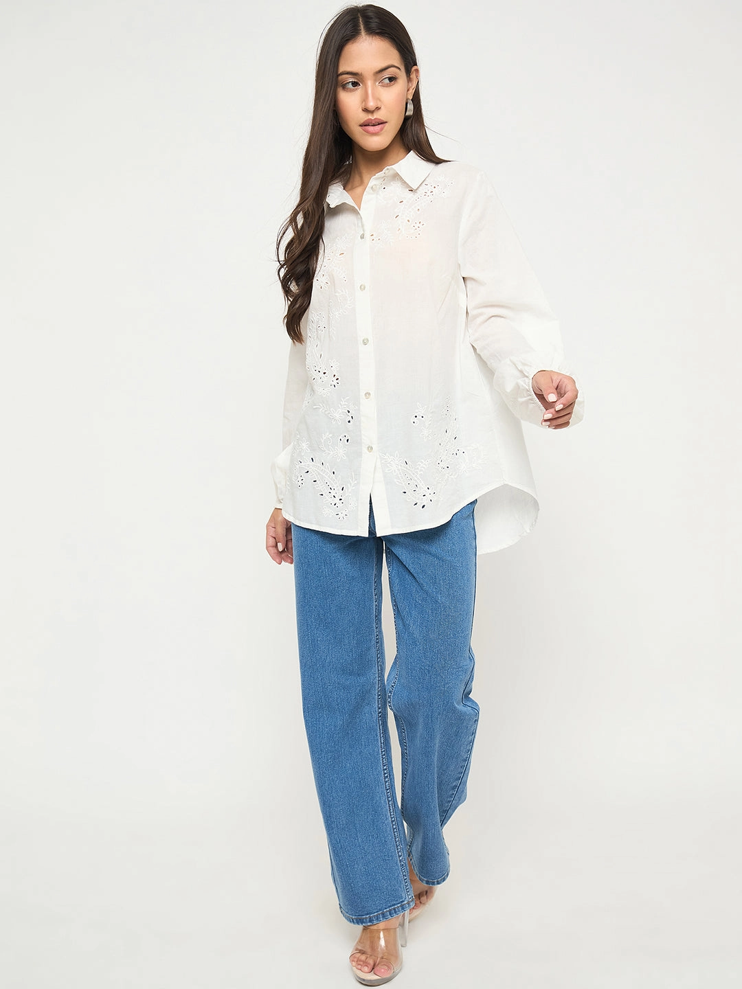 Madame Embroidered and Ruffle Trim Detailed White Cotton Shirt Practical Choice Summer Outfit