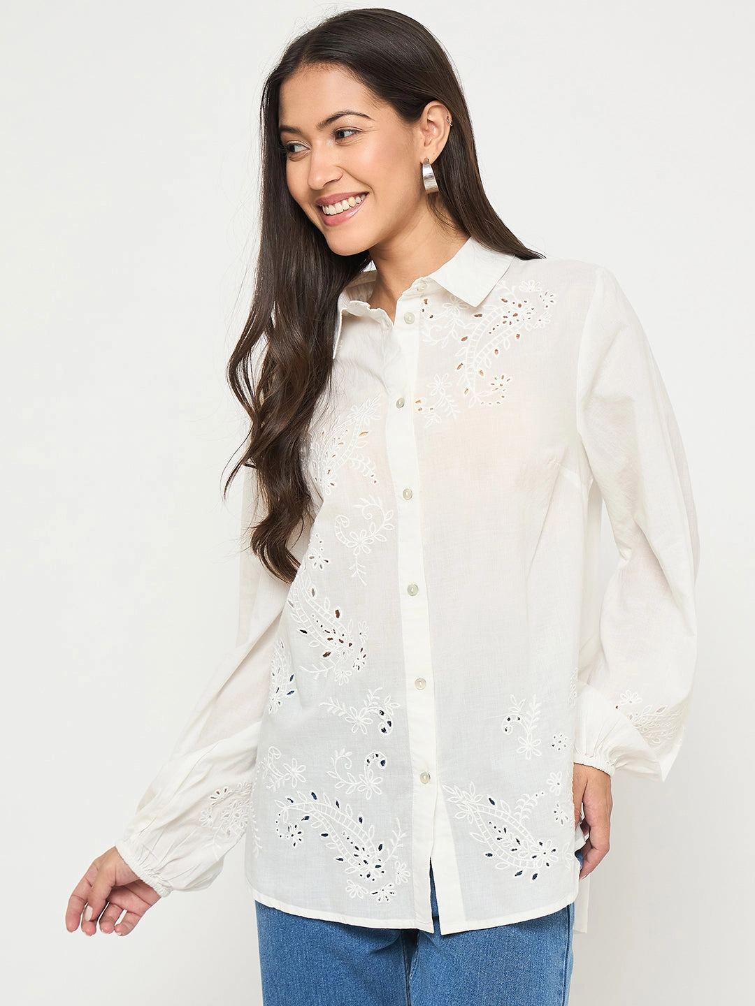 Madame Embroidered and Ruffle Trim Detailed White Cotton Shirt Holiday Gift