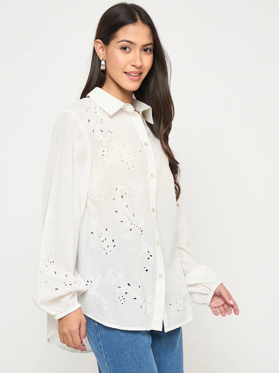 Madame Embroidered and Ruffle Trim Detailed White Cotton Shirt Lounge Wear Backpacking Trip