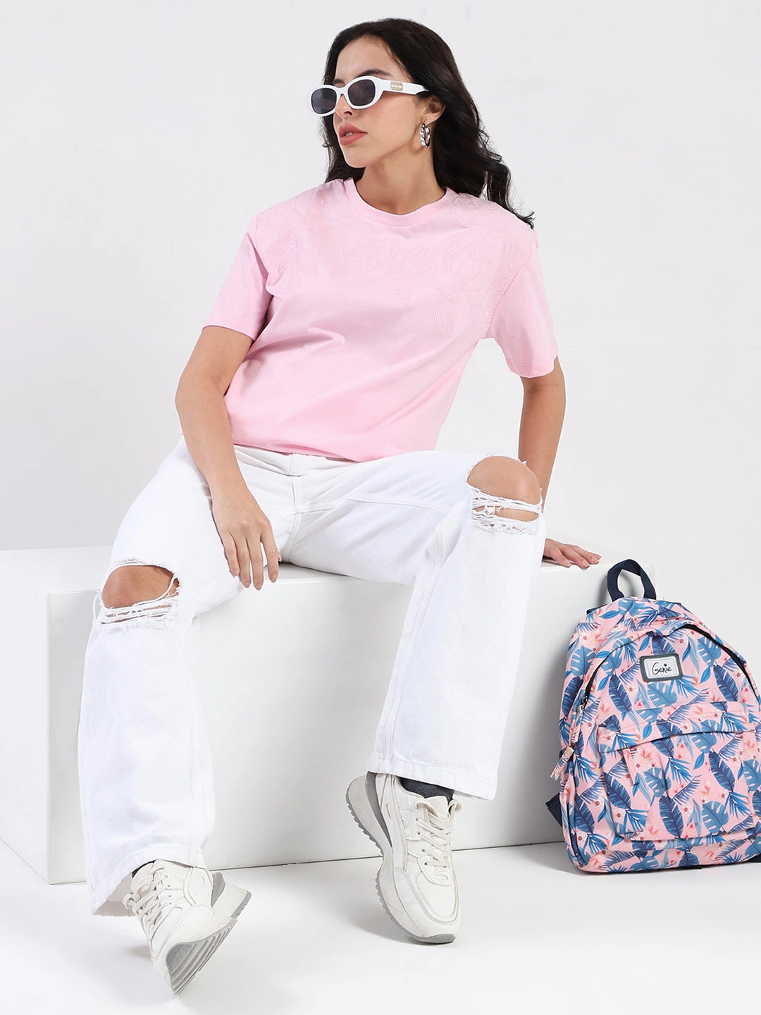 Perfectly Fit Madame Embroidered Half Sleeve Pink Cotton T-shirt