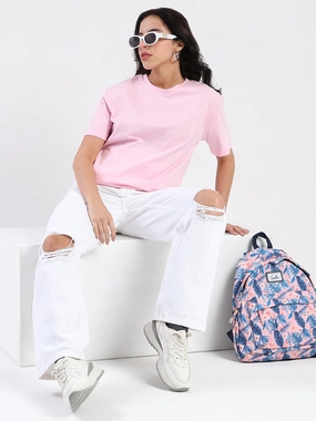 Perfectly Fit Madame Embroidered Half Sleeve Pink Cotton T-shirt