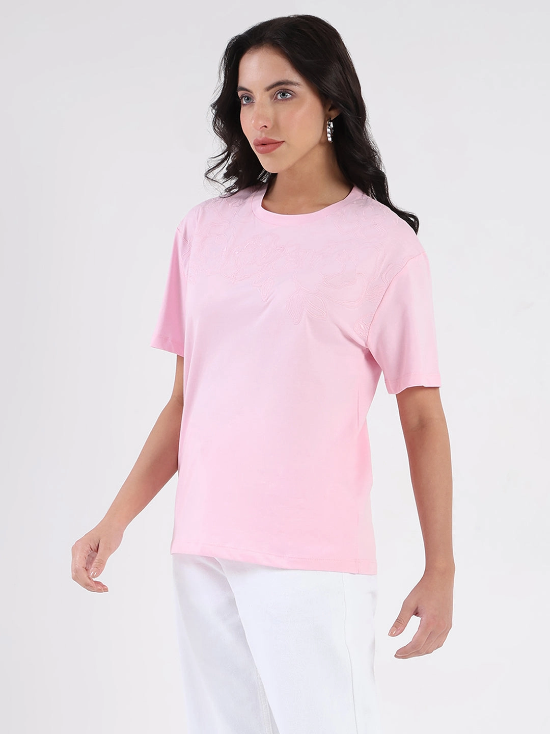Comfortable Casual Sleek Design Madame Embroidered Half Sleeve Pink Cotton T-shirt