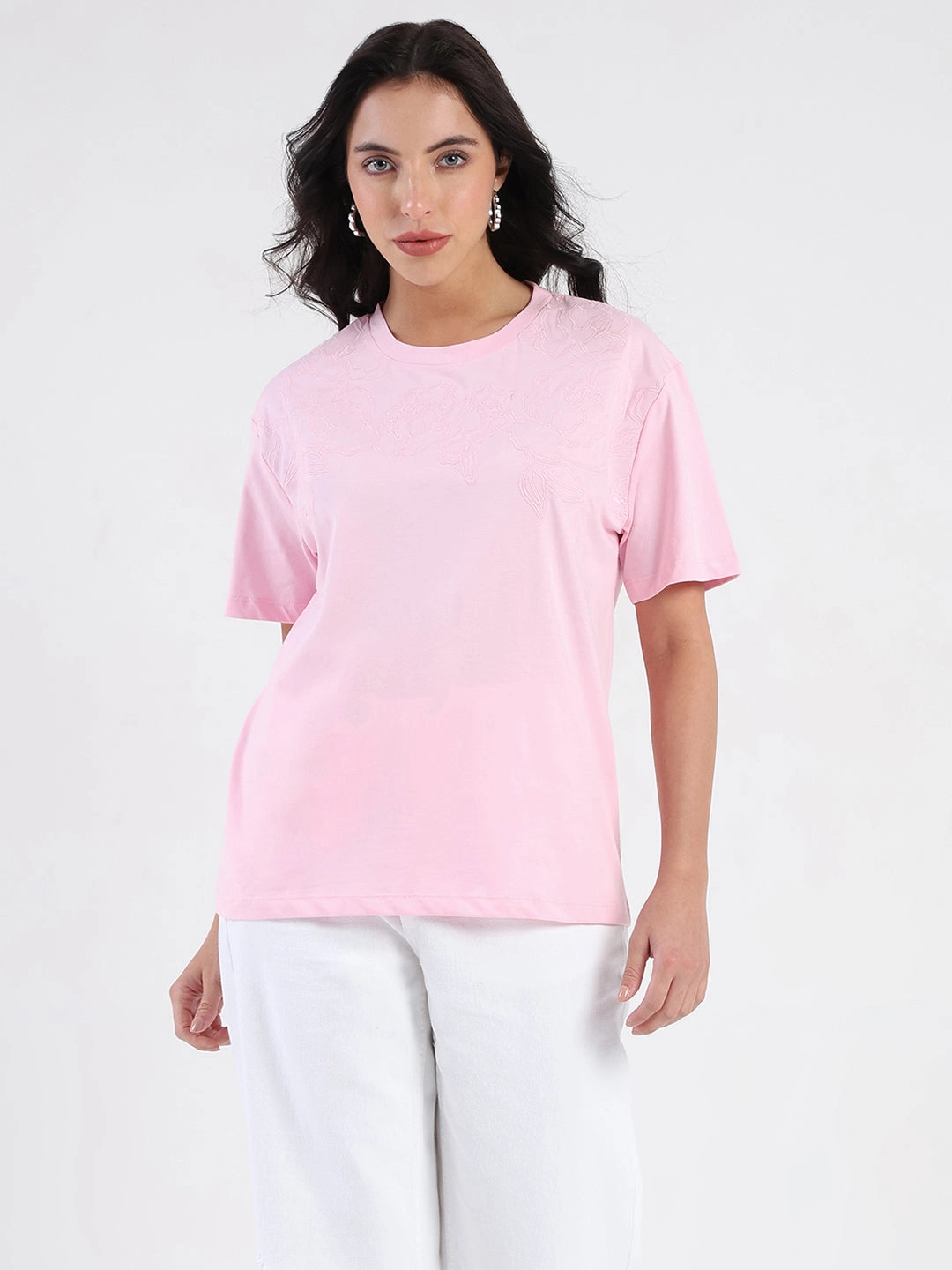 Minimalist Look Daily Casual Madame Embroidered Half Sleeve Pink Cotton T-shirt