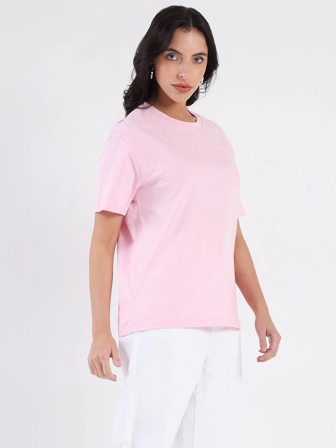 Fresh Outfit Style Madame Embroidered Half Sleeve Pink Cotton T-shirt