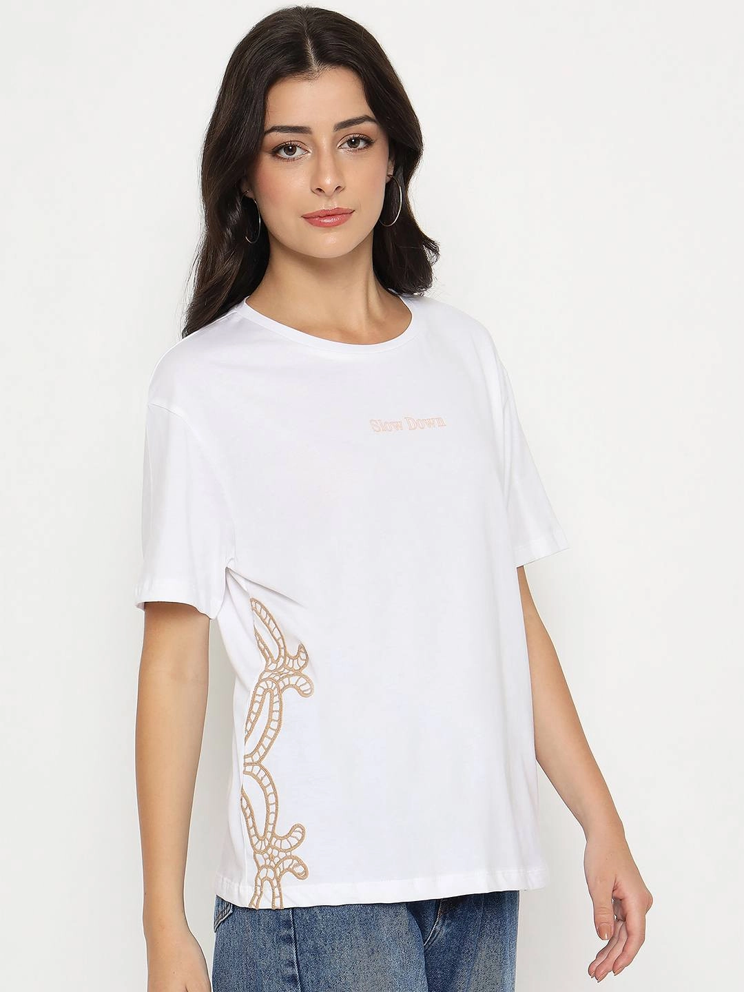 Madame Embroidered Half Sleeve White Cotton T-shirt Cozy Vibe