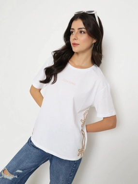 Madame Embroidered Half Sleeve White Cotton T-shirt Natural Fiber Blend Outdoor Light