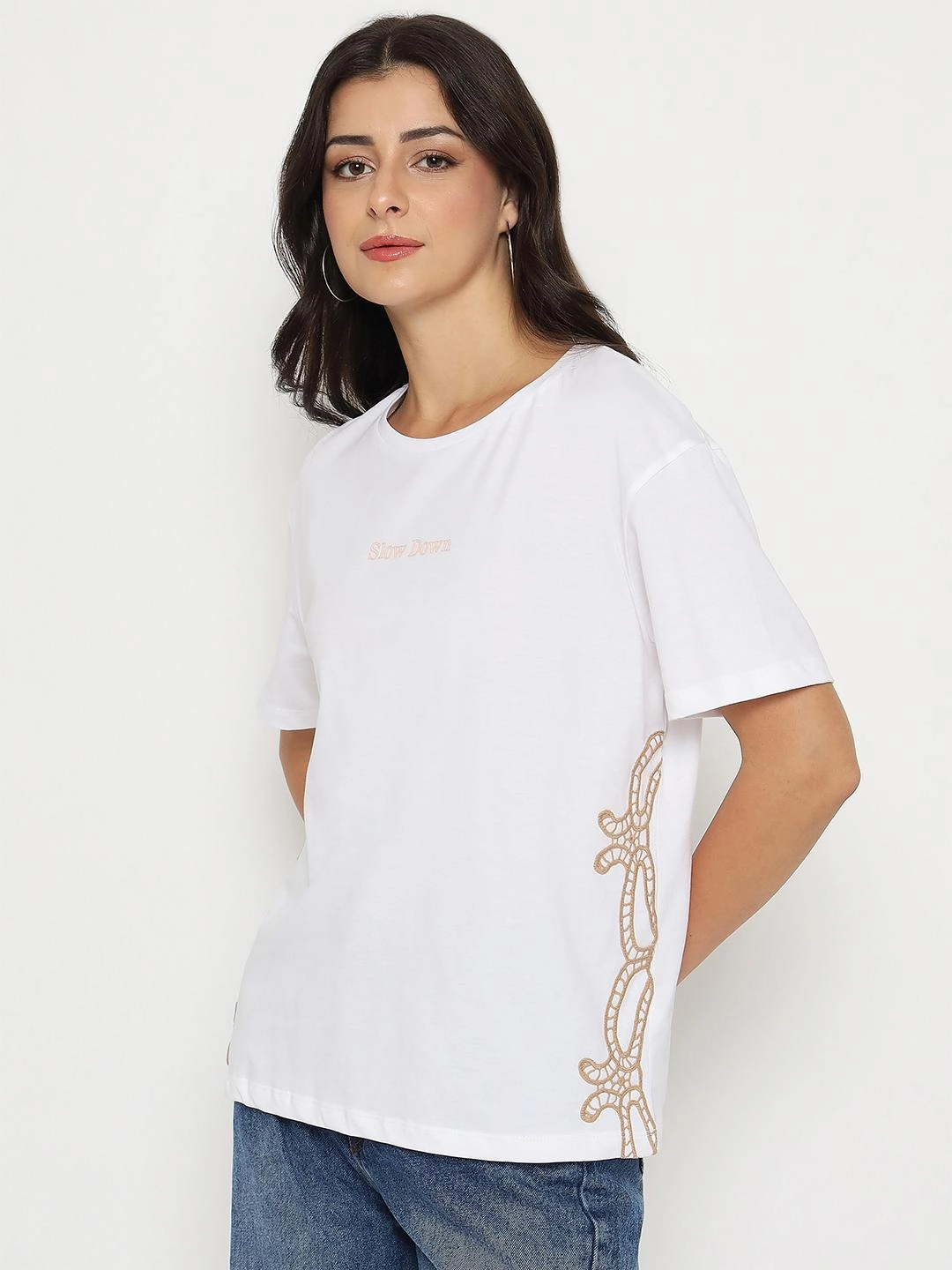 Abrasion Resistant Fabric Fit for Any Season Madame Embroidered Half Sleeve White Cotton T-shirt