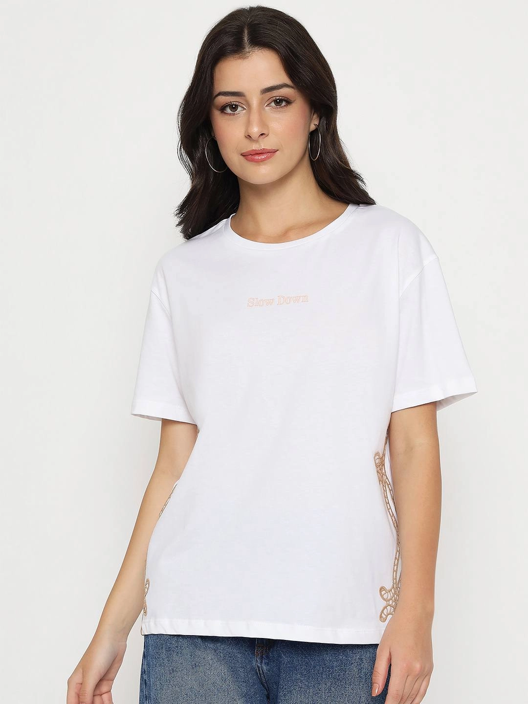 Madame Embroidered Half Sleeve White Cotton T-shirt Breathable Yarn Composition Cozy Layer