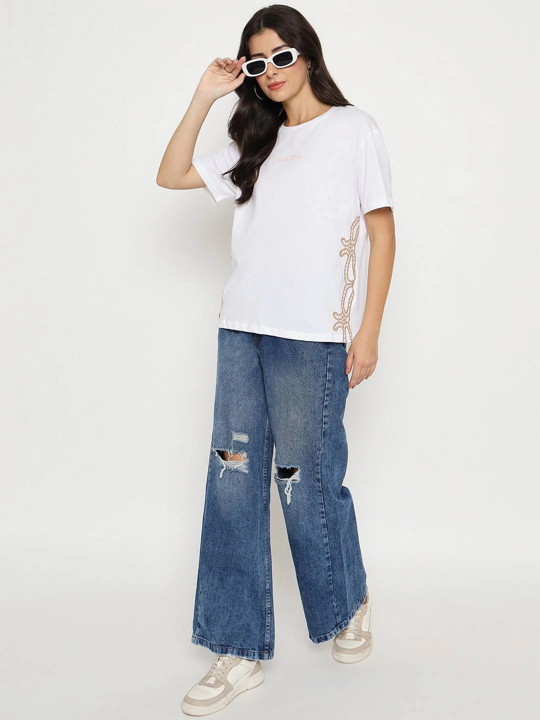 Quick Wear Madame Embroidered Half Sleeve White Cotton T-shirt