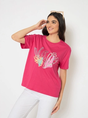 Classic Trend Look Madame Embroidered Hot Pink Cotton T-shirt