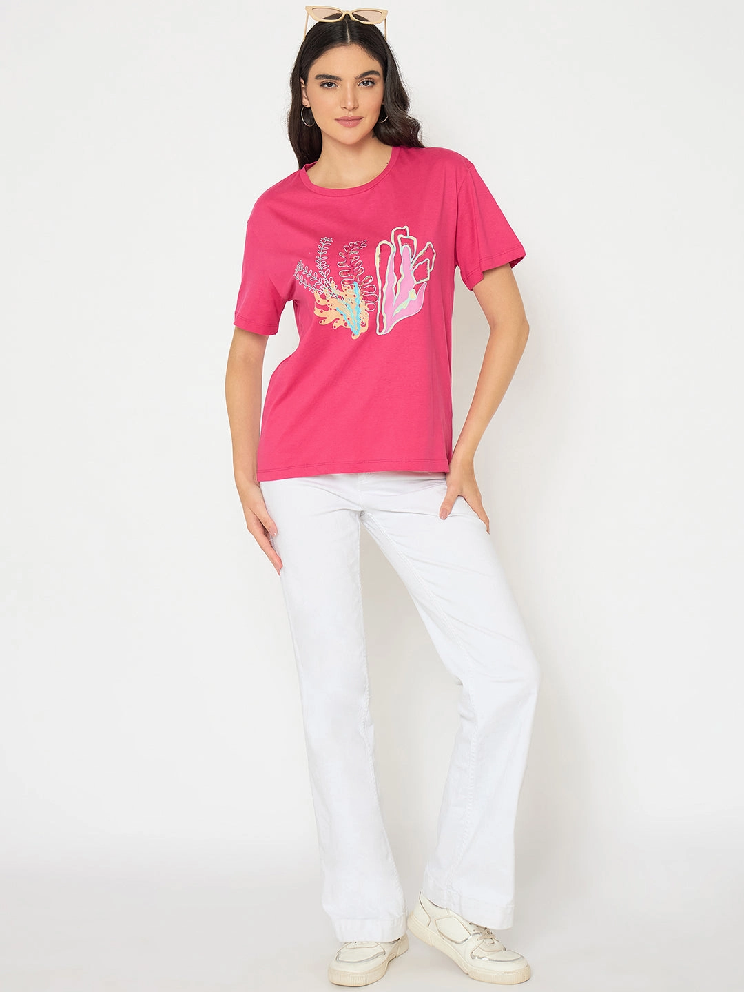 Madame Embroidered Hot Pink Cotton T-shirt Long Lasting Color