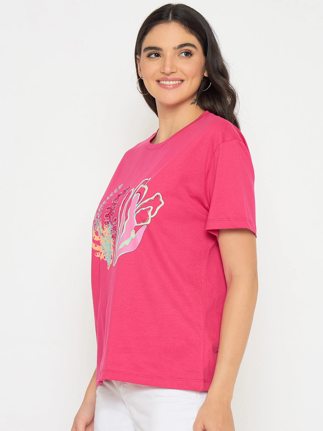 perfect for all-day wear Timeless Comfort Wear Madame Embroidered Hot Pink Cotton T-shirt