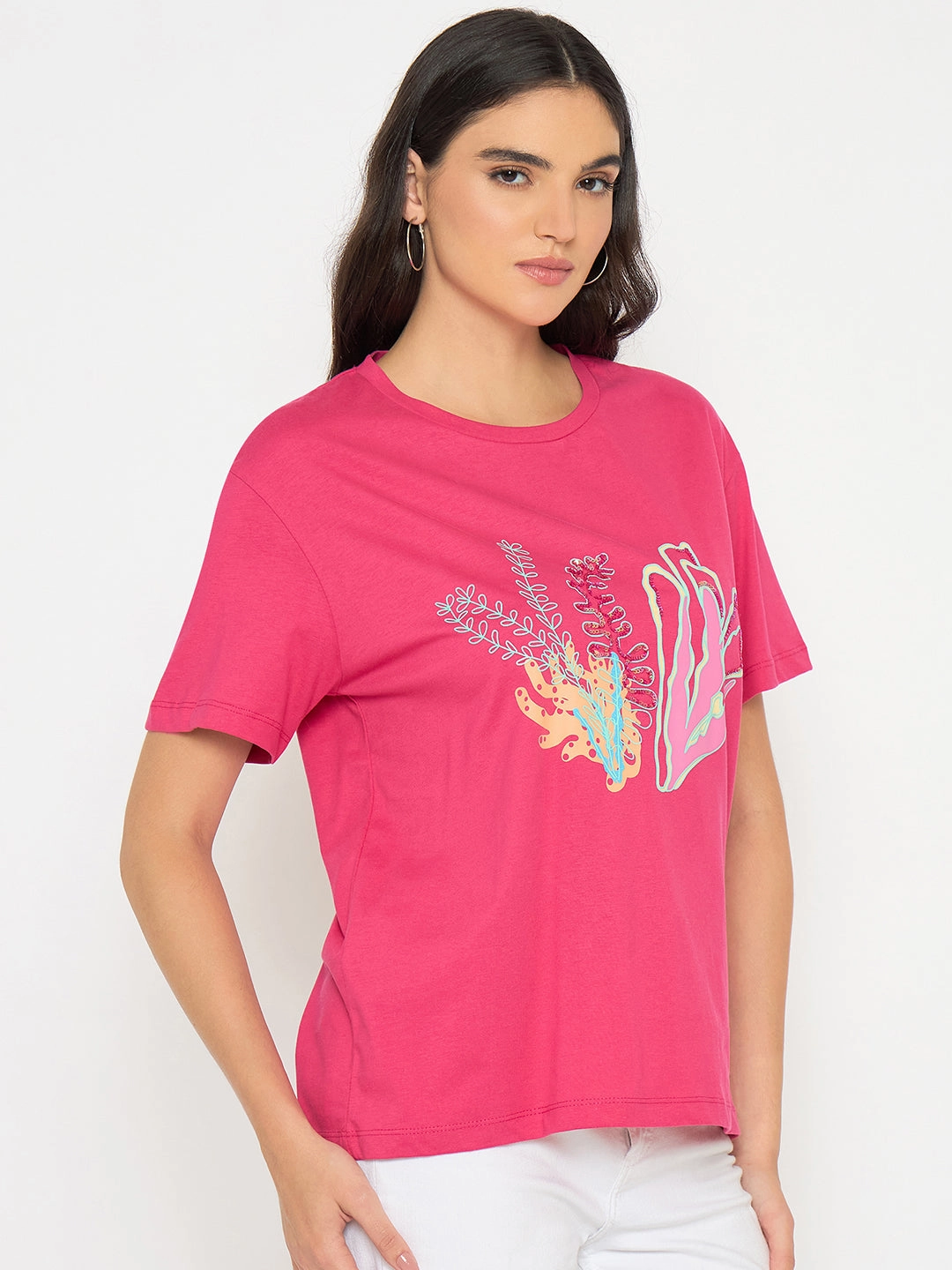 Urban Comfort Madame Embroidered Hot Pink Cotton T-shirt