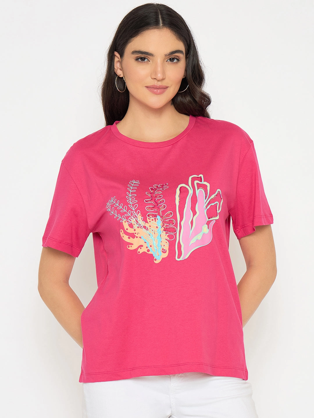 Madame Embroidered Hot Pink Cotton T-shirt Soft Material Active Style Trend