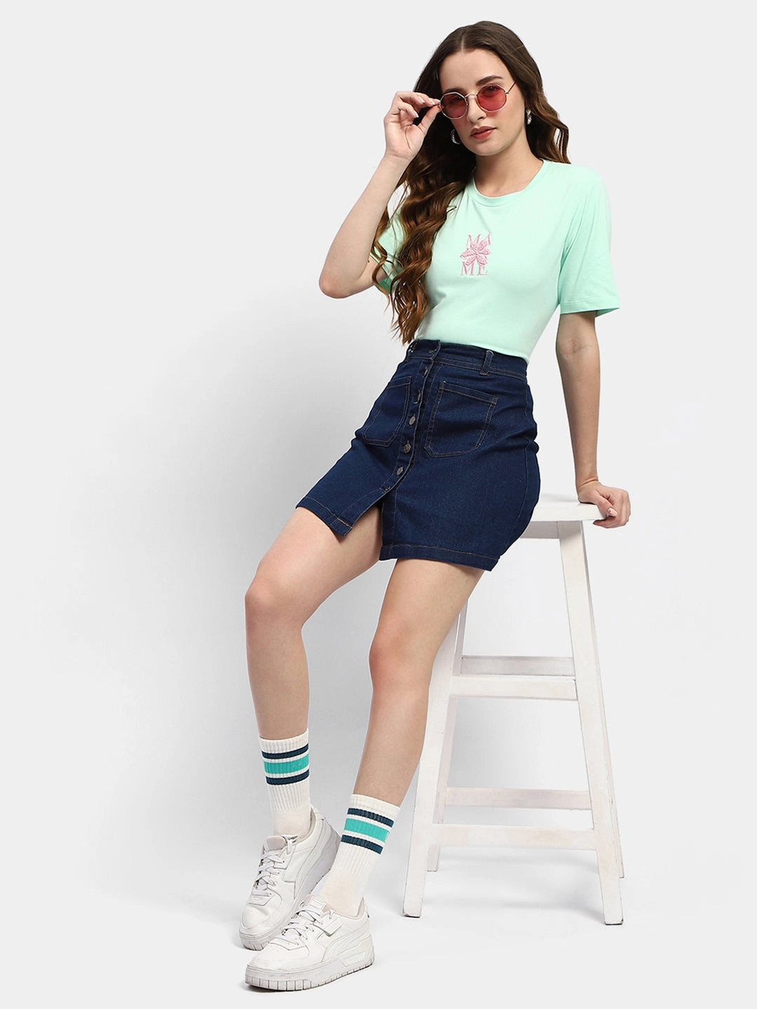 Fresh Style Trend Streetwear Style Madame Embroidered Mint Green Regular T-Shirt