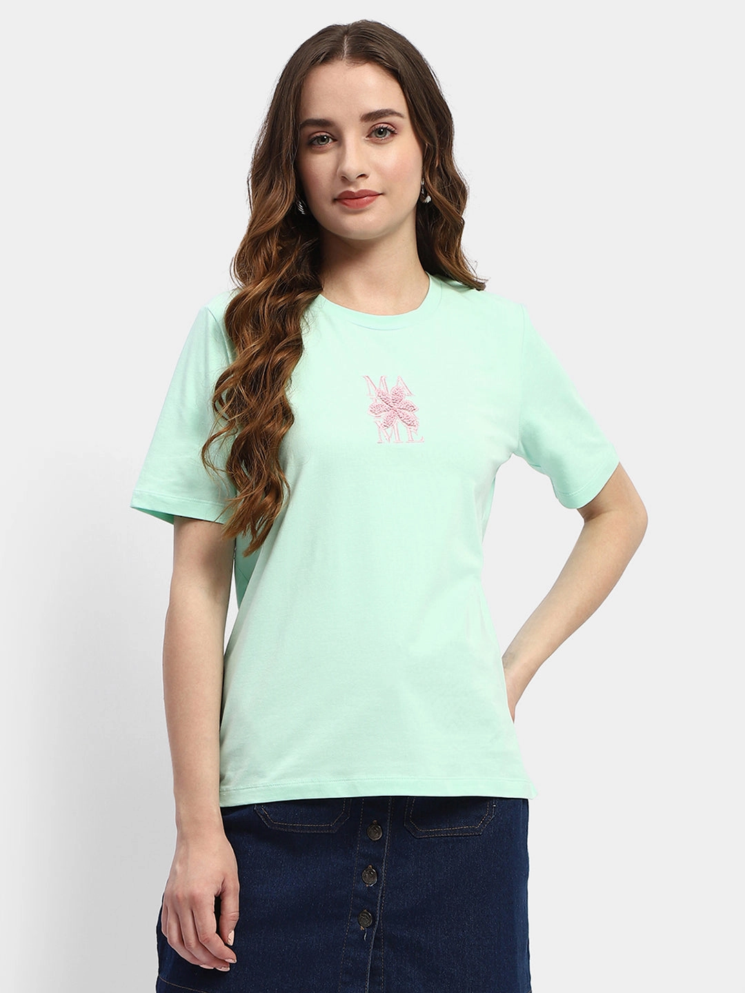 Madame Embroidered Mint Green Regular T-Shirt Complementary Colors