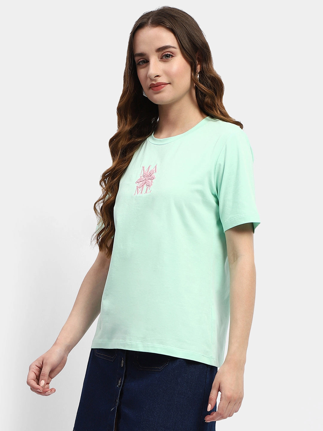 Casual Flex Design Seamless construction Madame Embroidered Mint Green Regular T-Shirt