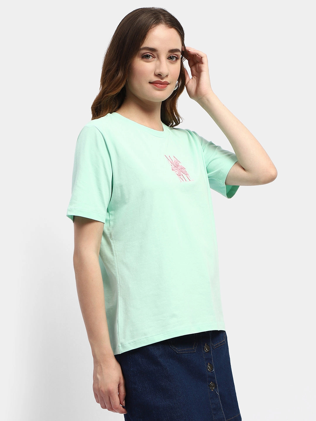 Madame Embroidered Mint Green Regular T-Shirt Comfy Style Sporty Layer