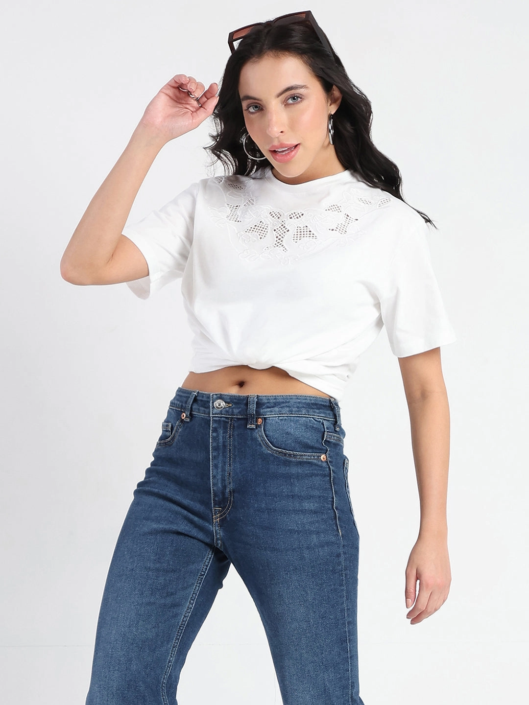 Madame Embroidered Round Neck White Cotton Lycra T-shirt MinimalistDesign Stretch Knit
