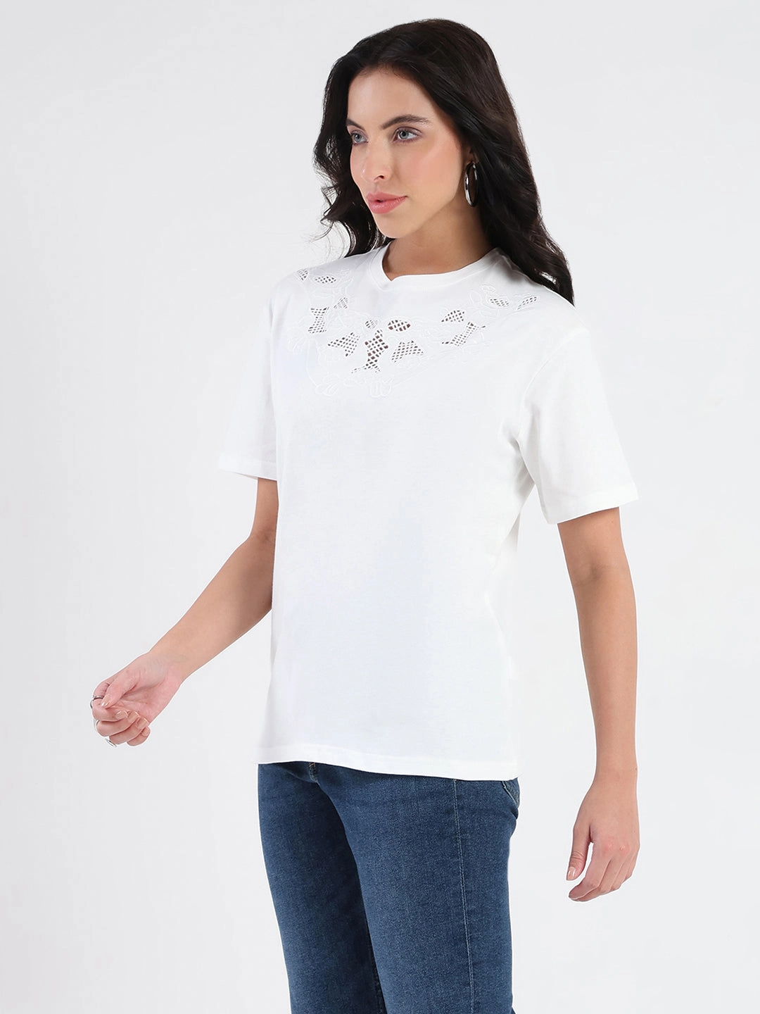 Madame Embroidered Round Neck White Cotton Lycra T-shirt High-Quality Fabric