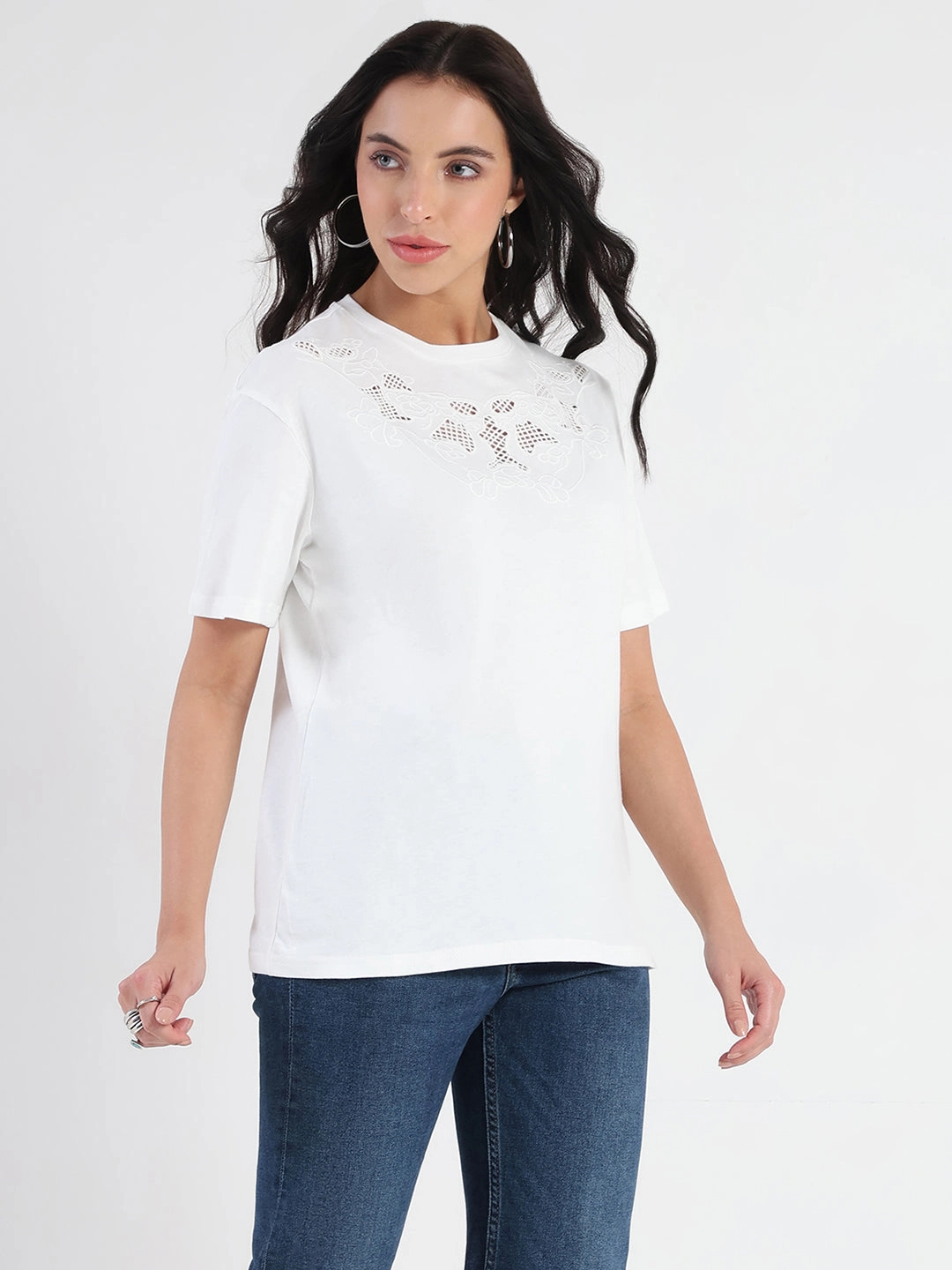 family gathering LightweightBlend Madame Embroidered Round Neck White Cotton Lycra T-shirt