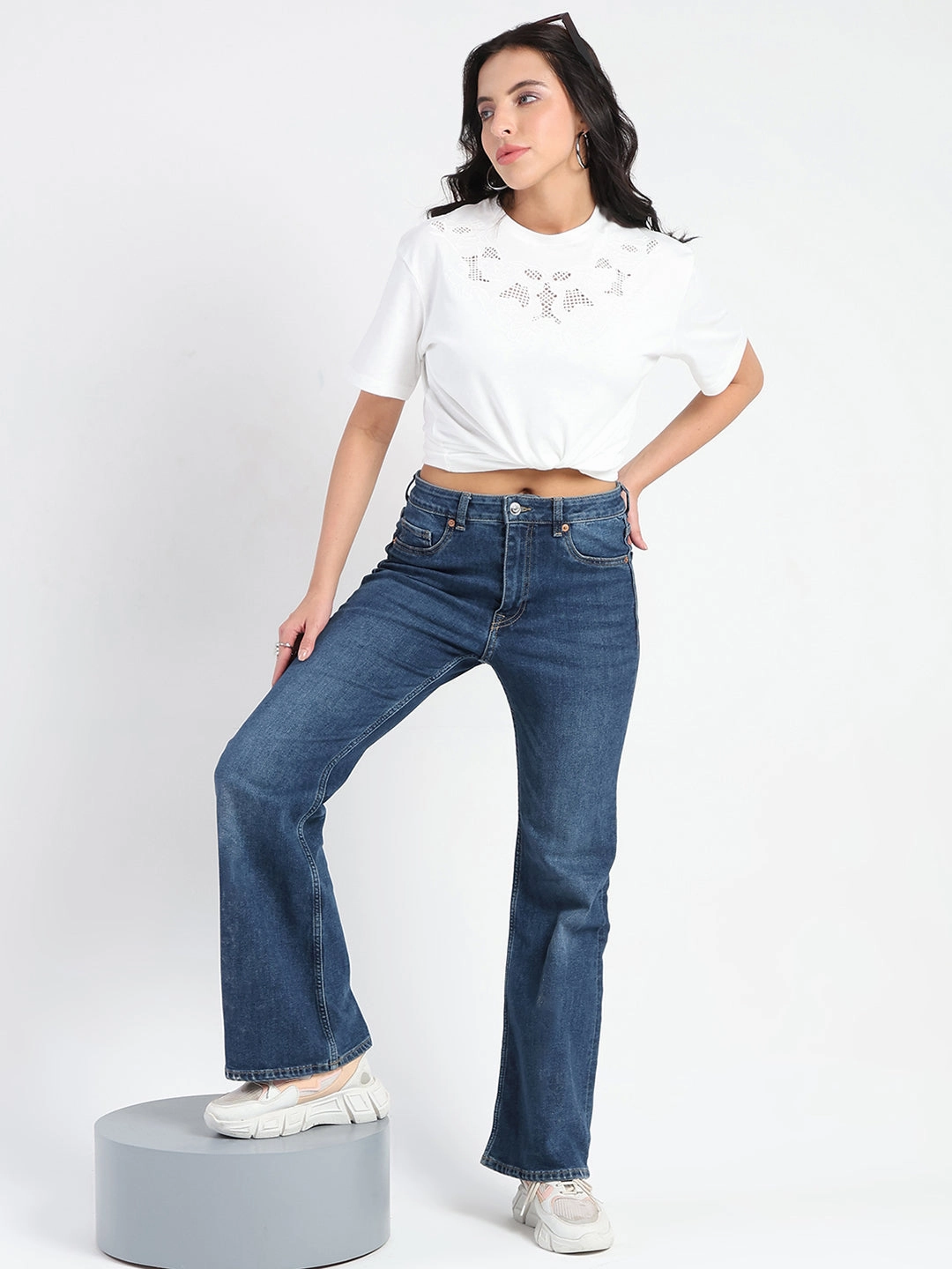 Vintage Wash Effect Madame Embroidered Round Neck White Cotton Lycra T-shirt