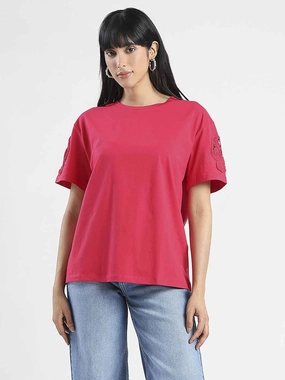 Madame Embroidered Sleeve Solid Red Cotton T-Shirt Soft Texture