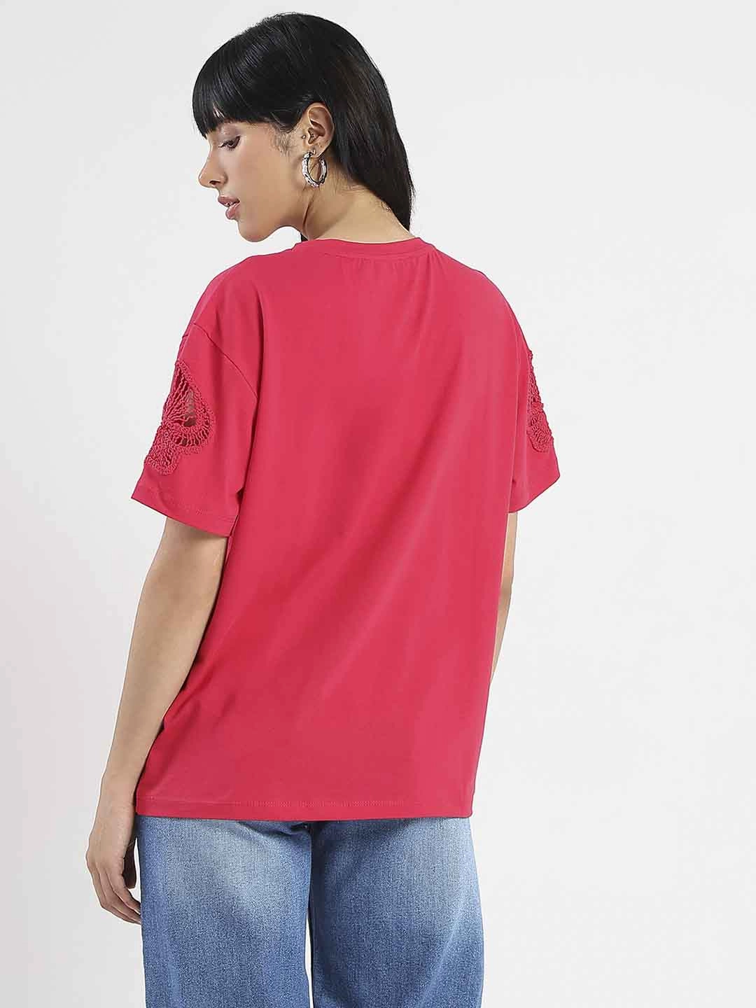 Comfy Look Outdoor Essentials Madame Embroidered Sleeve Solid Red Cotton T-Shirt