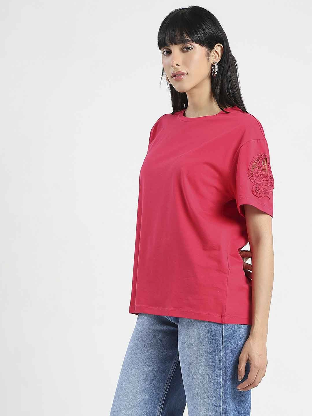 Madame Embroidered Sleeve Solid Red Cotton T-Shirt Temperature Regulating