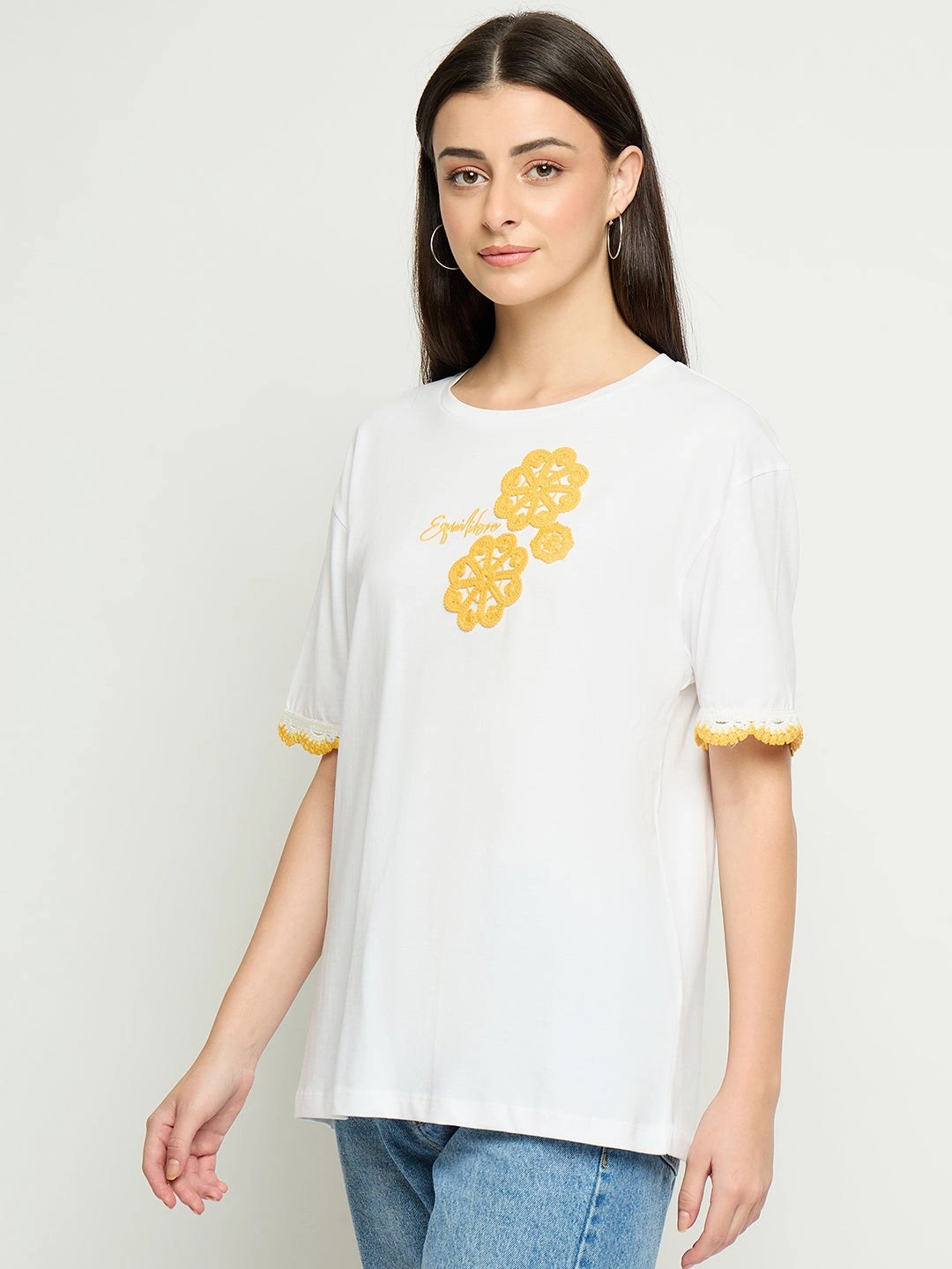 Breathable Performance Wear Madame Embroidered White Cotton T-Shirt
