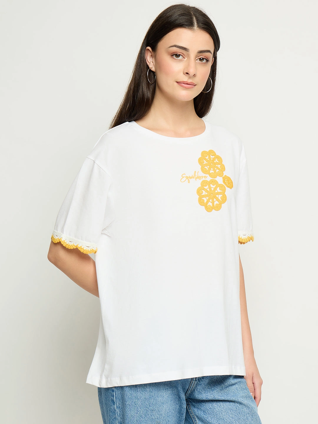 Stretch Material Casual Vibes Madame Embroidered White Cotton T-Shirt