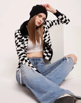 Quick Drying Versatile Layering Madame Faux Fur Collar And Cuffs Geometric Print Off-White Sweater