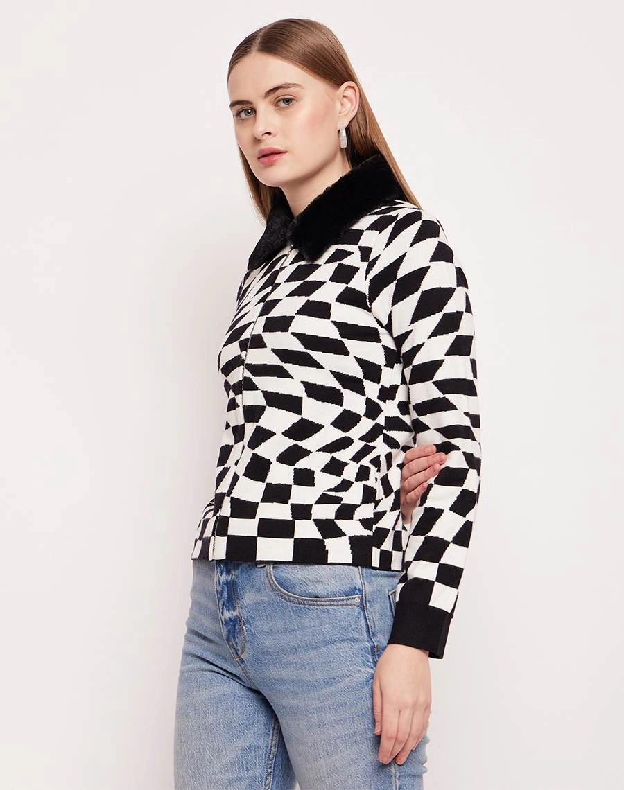 Madame Faux Fur Collar And Cuffs Geometric Print Off-White Sweater Sleek Fit