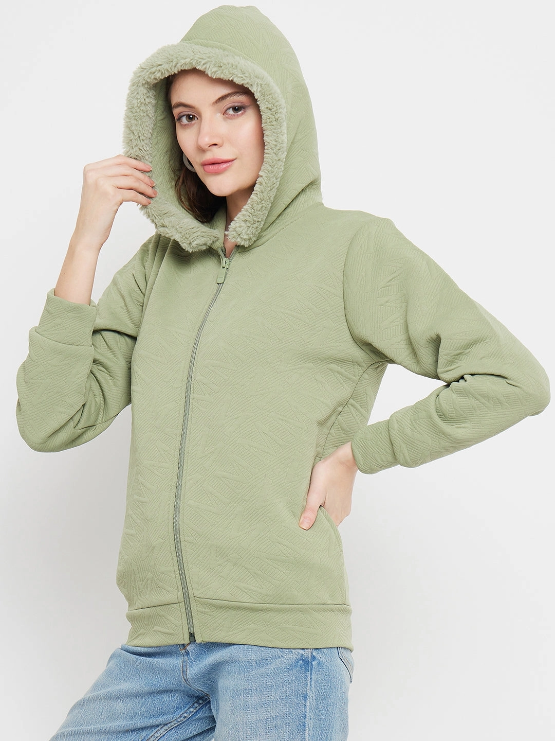 product casual elegance blend Smart Hoodie Madame Faux Fur Hood Applpe Green Sweatshirt