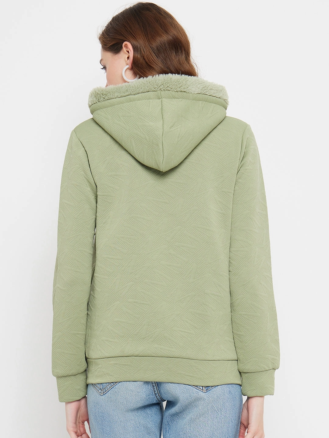 Color fastness Stylish Madame Faux Fur Hood Applpe Green Sweatshirt