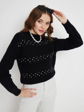 Relaxed Wear Knit Comfort Wear Madame Feather Knit Black Sweater
