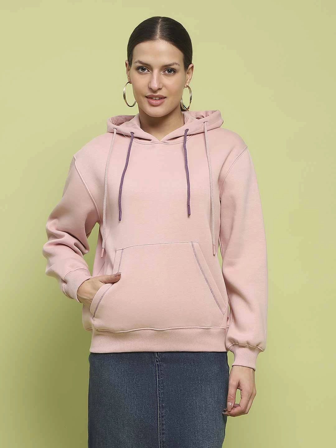 Floral Print Madame Fleece Double Drawstring Hooded Dusty Pink Sweatshirt