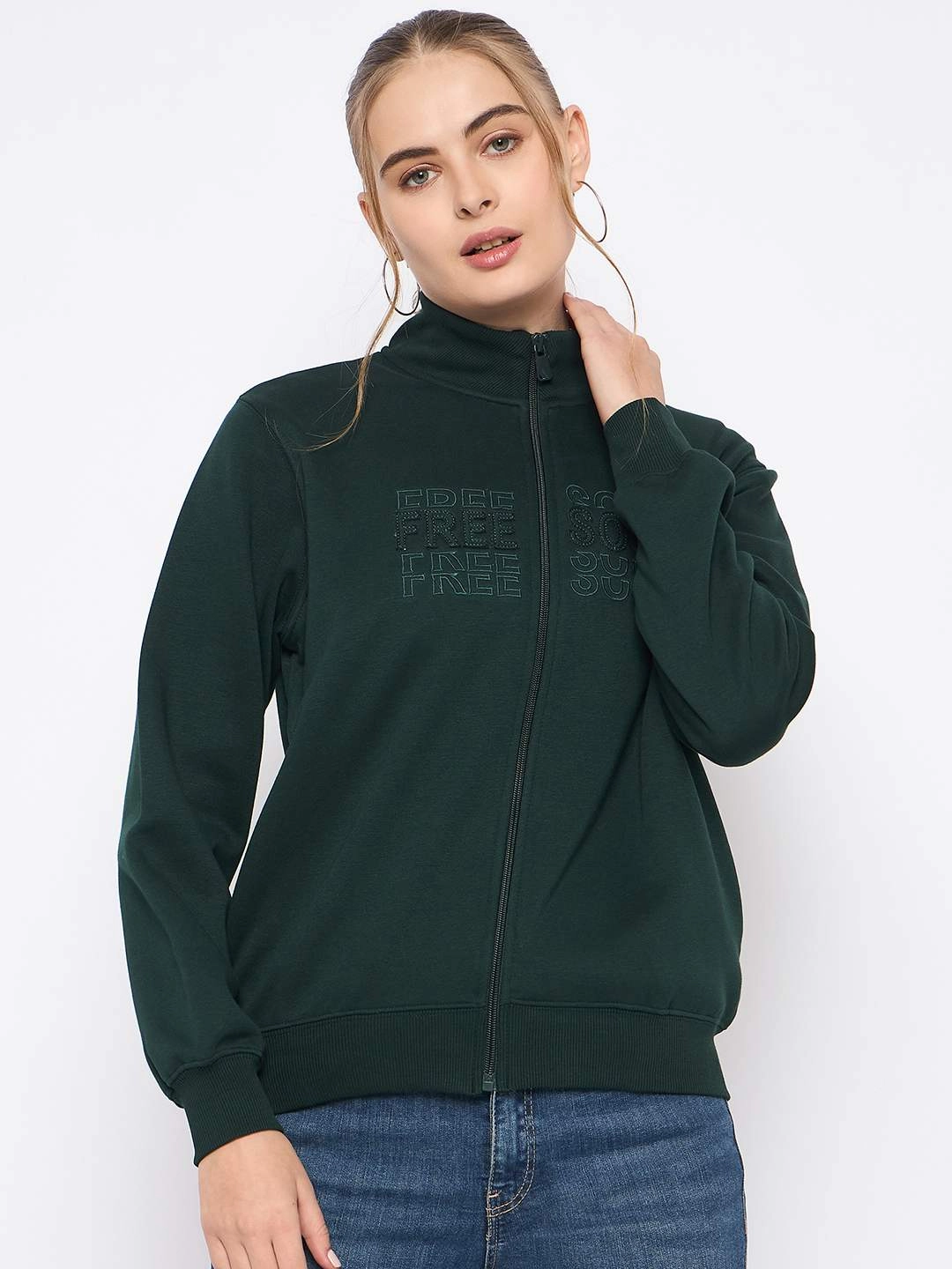 product ring elegance Street Style Madame Fleece Embroidery Detailed Turtleneck Bottle Green Sweatshirt