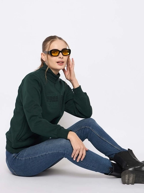 Madame Fleece Embroidery Detailed Turtleneck Bottle Green Sweatshirt Cozy Chic