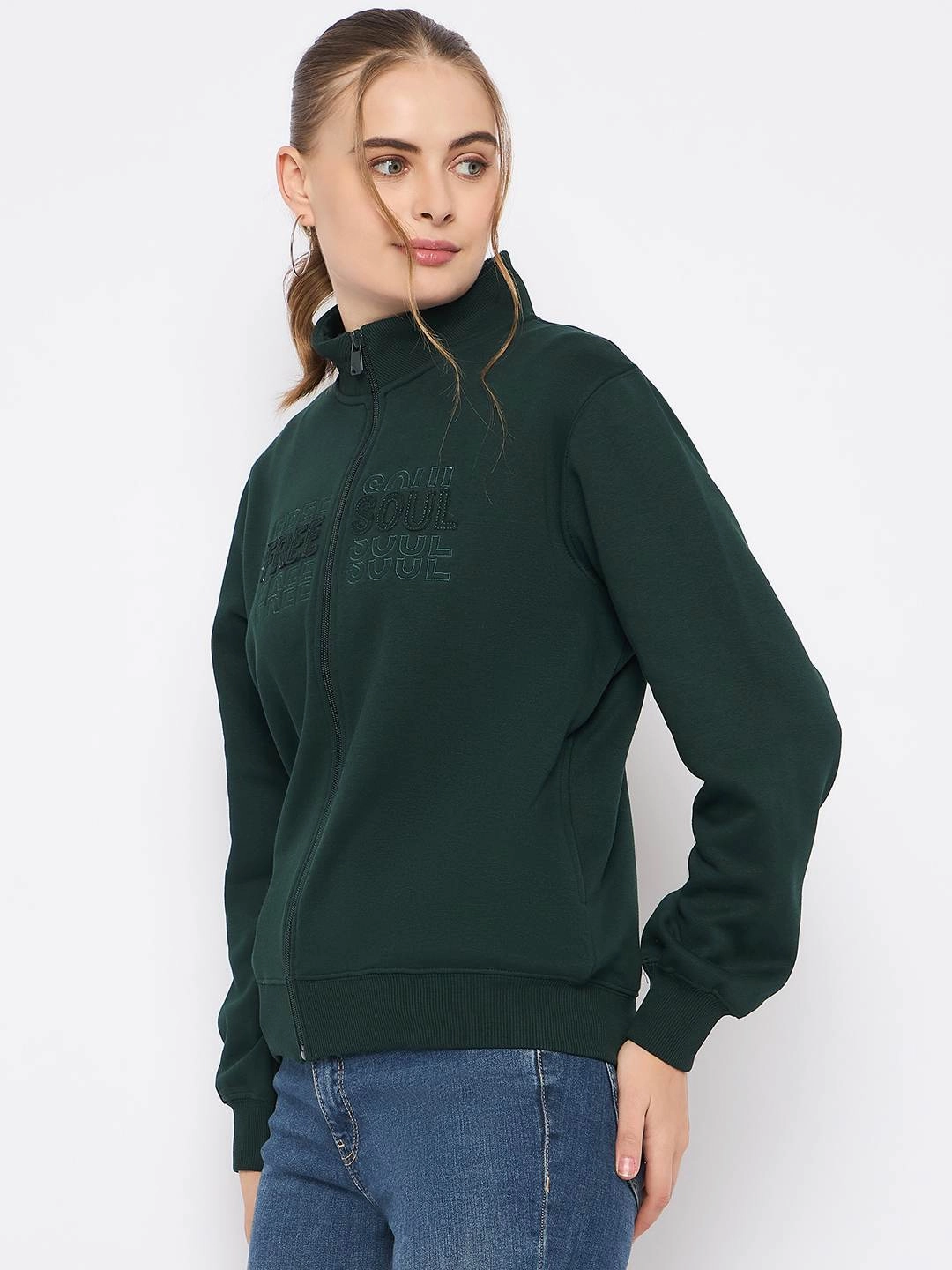 Madame Fleece Embroidery Detailed Turtleneck Bottle Green Sweatshirt Lightweight Layer