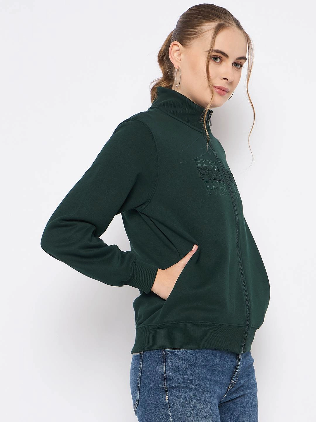 product weekday wear practicality Madame Fleece Embroidery Detailed Turtleneck Bottle Green Sweatshirt