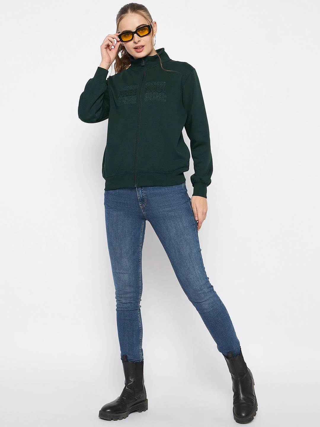 Core Bold Short Madame Fleece Embroidery Detailed Turtleneck Bottle Green Sweatshirt