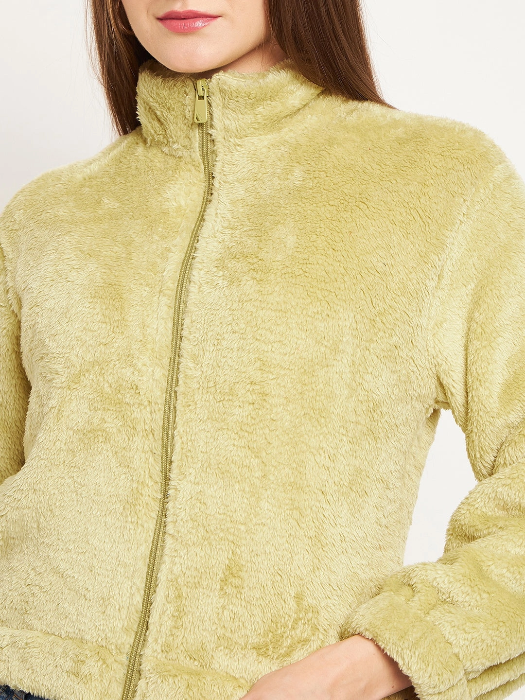 Durable Fabric Corduroy Madame Fleece Mock Neck Apple Green Sweatshirt