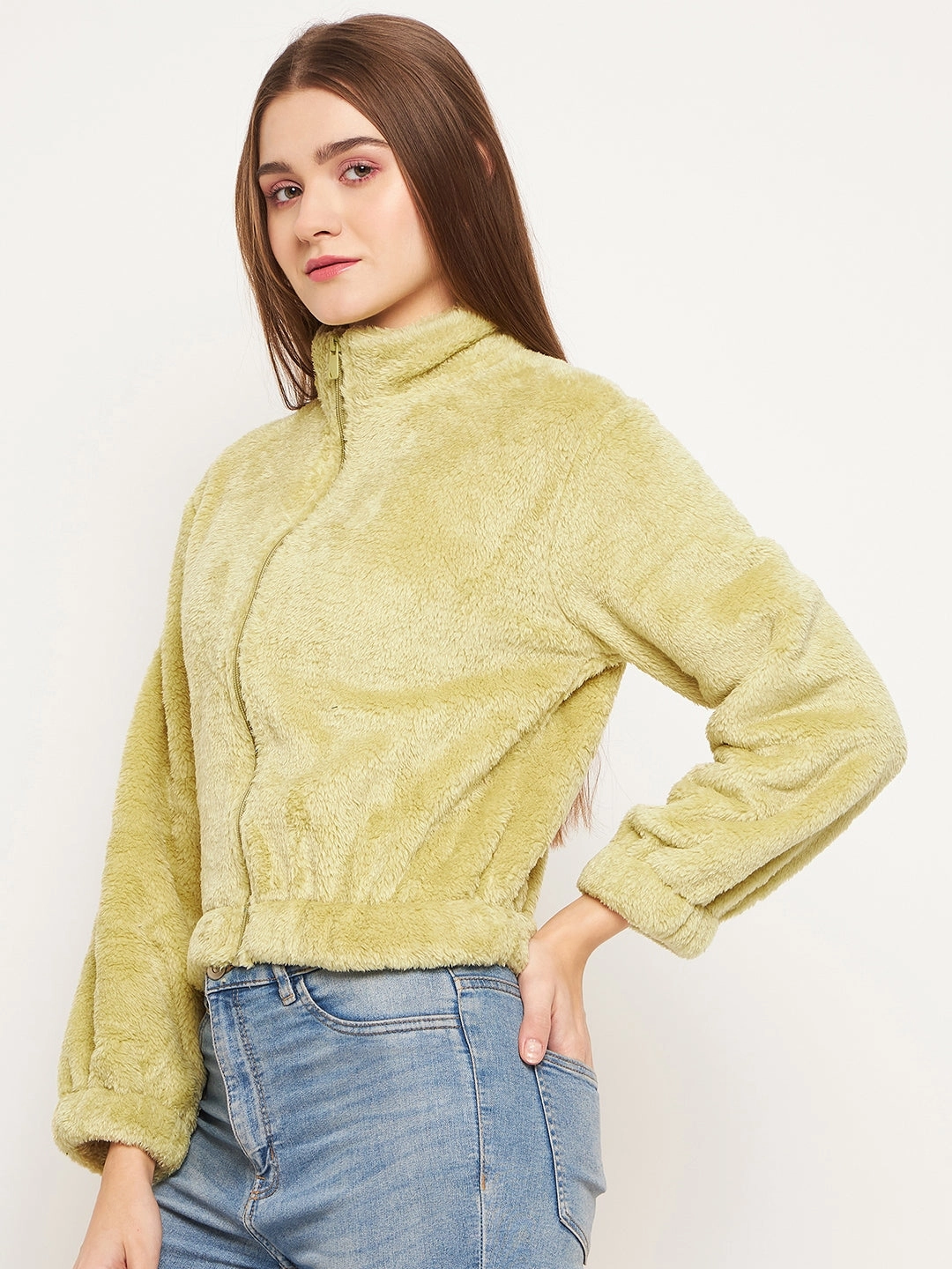 product personalized touch Shrink resistant Madame Fleece Mock Neck Apple Green Sweatshirt
