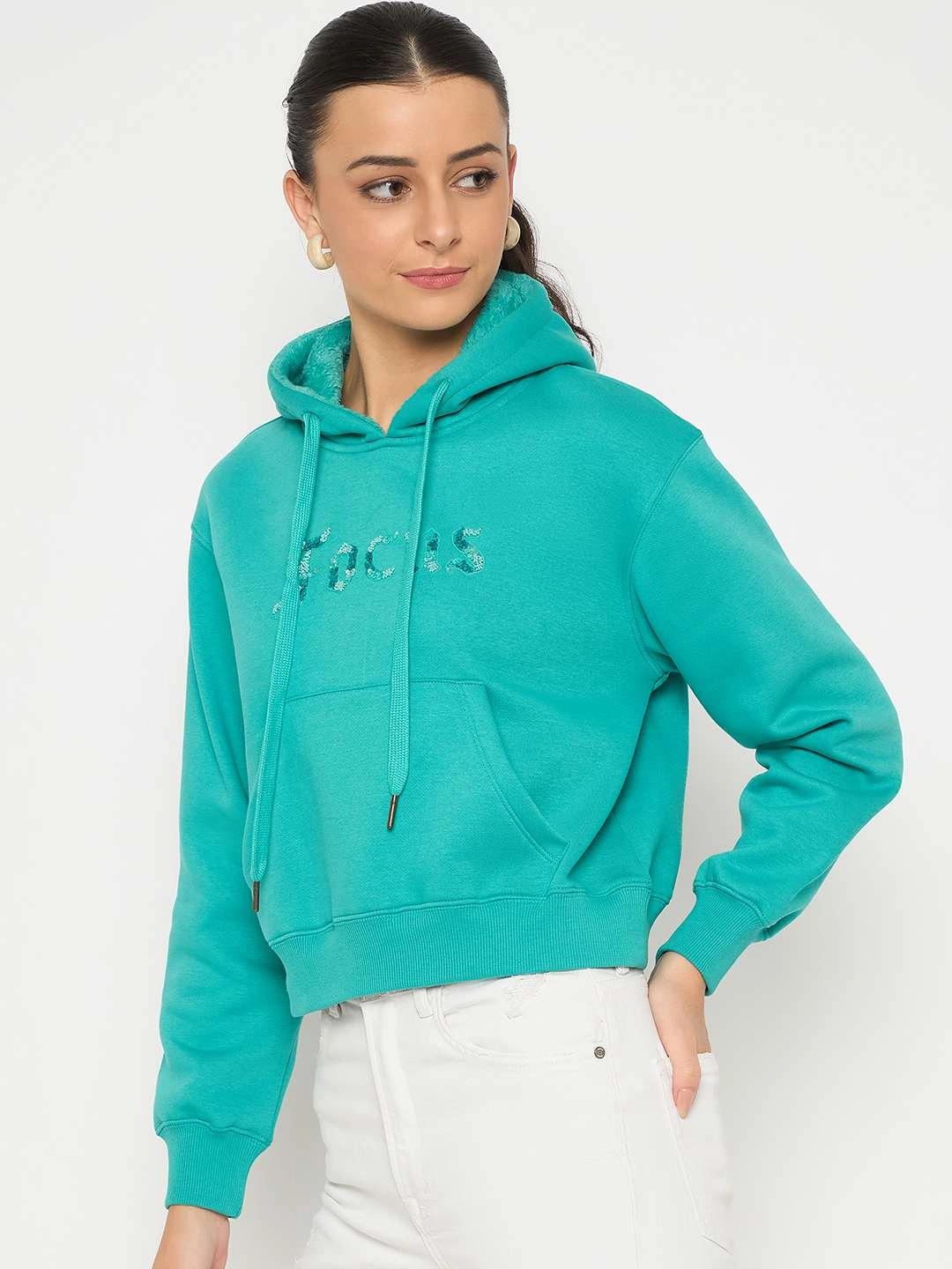Madame Fleece Placement Printed Handwork Detailed Turquoise Sweatshirt product semi formal grace Essential Outerwear