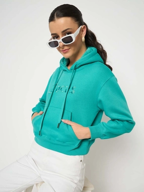 Easy to store Madame Fleece Placement Printed Handwork Detailed Turquoise Sweatshirt